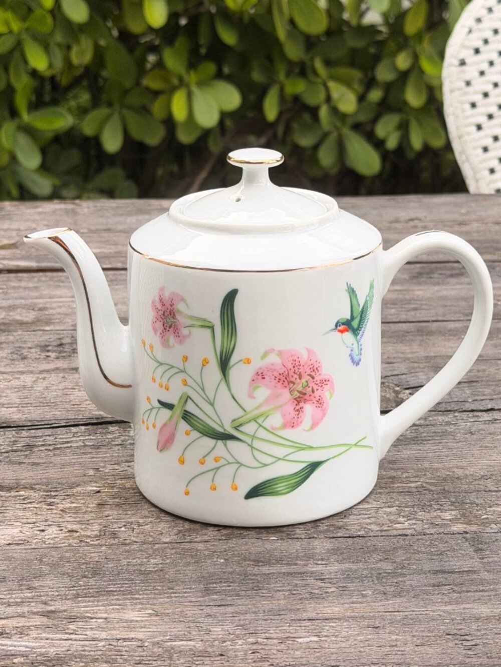 Vintage MCM White Porcelain Teapot with Hummingbird & Pink Lily Flowers Japan